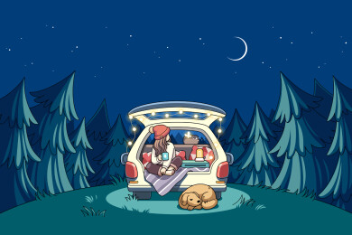 在夜晚森林里车上露营的女孩插画，矢量图