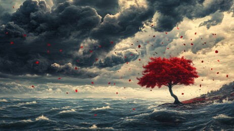 暗色天空下的红枫