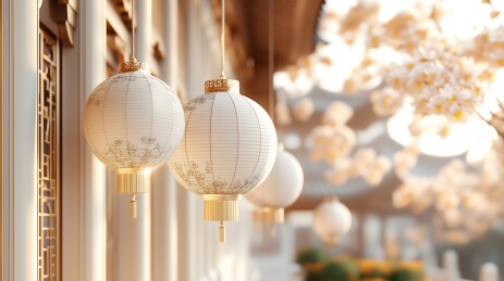 中式宫灯与盛开的梅花