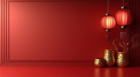 中国风红色背景下的金器和灯笼
