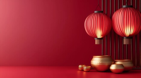中国风红色背景下的灯笼和金器