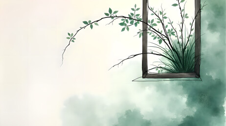 树枝和古风窗子水墨风格背景图