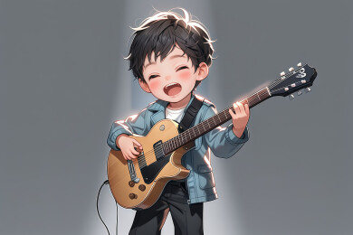一个小男孩在弹吉他唱歌