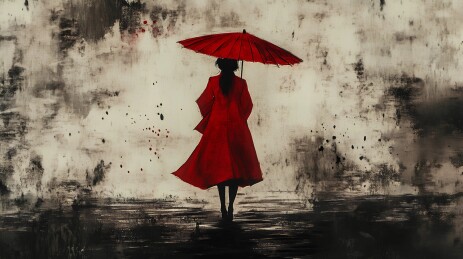 水墨红衣红伞女子05