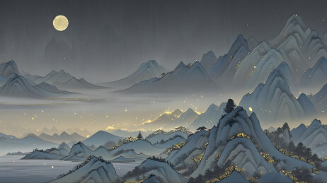 月光下的山峦村庄夜景图