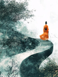 东方意境风格竹林栈道上的行者