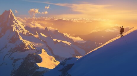 登山者爬晨光下的雪山