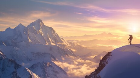 登山者爬晨光下的雪山