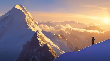 登山者爬晨光下的雪山