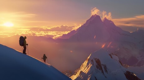 登山者爬晨光下的雪山