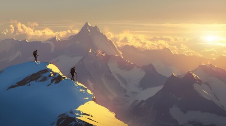 登山者爬晨光下的雪山