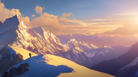 登山者爬晨光下的雪山