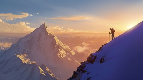 登山者爬晨光下的雪山