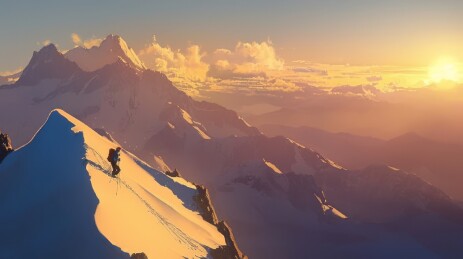 登山者爬晨光下的雪山
