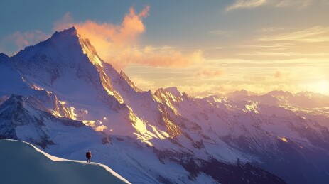 登山者爬晨光下的雪山