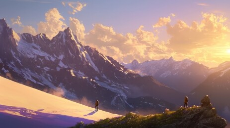 登山者爬晨光下的雪山