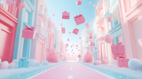 3D唯美充满礼物盒的商业街