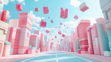 3D唯美充满礼物盒的商业街