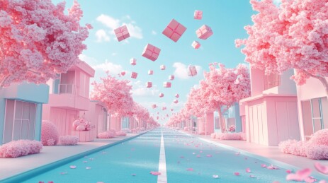 3D唯美充满礼物盒的商业街