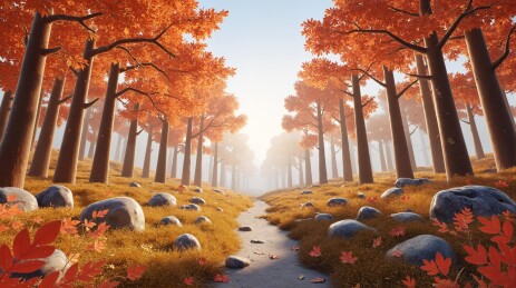 秋天的森林红色的树木