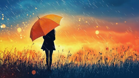 雨中少女与橙伞的诗意黄昏
