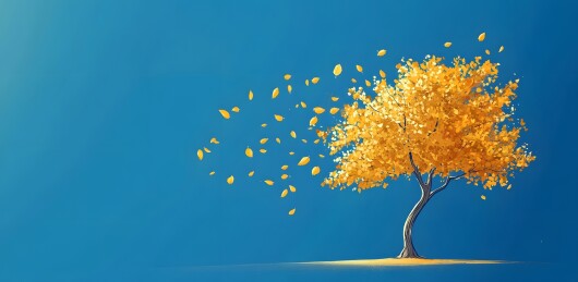 秋叶飘零的金色大树