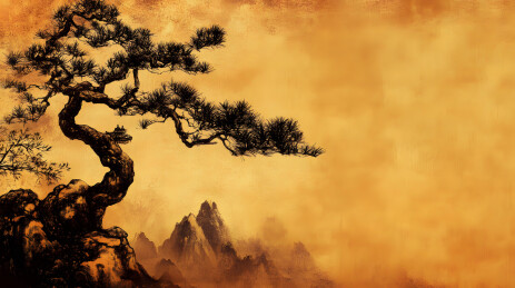 松树与山景的山水画作