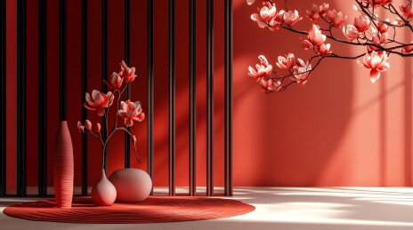 红色背景下的梅花