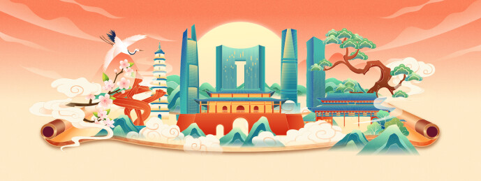 中国风画卷东莞城市建筑矢量插画