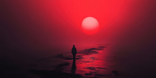 红色夕阳下的孤独身影
