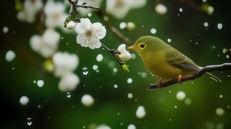 雨中黄眉柳莺与杏花