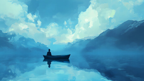 平静湖面上的独舟与山峦