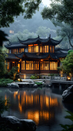 中式古典园林夜景