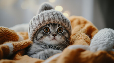 猫咪坐在毛毯上