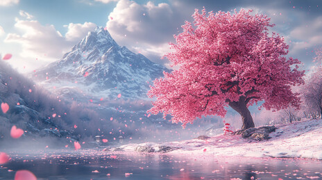 雪山湖畔樱花树