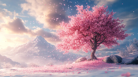 雪山湖畔樱花树