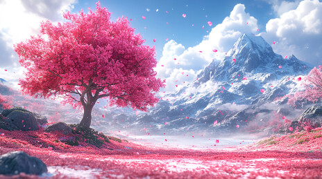 雪山湖畔樱花树