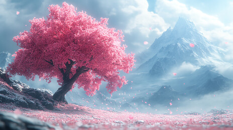 雪山湖畔樱花树