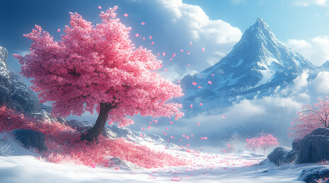 雪山湖畔樱花树