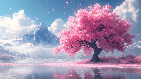 雪山湖畔樱花树