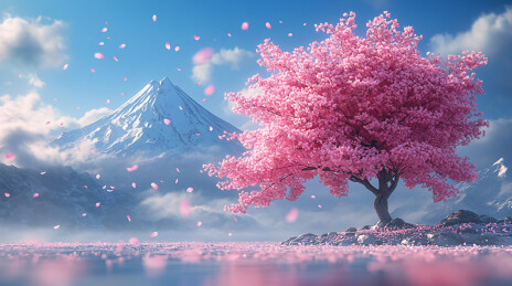 雪山湖畔樱花树