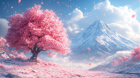 雪山湖畔樱花树