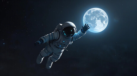 宇航员在太空中与月球合影
