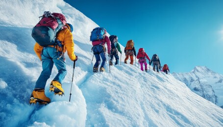 一群登山者攀登雪山