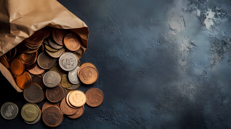 硬币与棕色纸袋的桌面场景