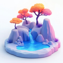 一个3D卡通高山流水场景