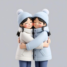 两个女孩穿着厚厚的外套戴着毛线帽拥抱在一起