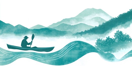 山峦碧波泛舟人