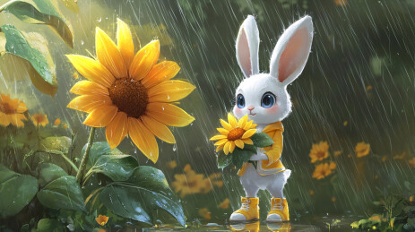 雨中白兔手持向日葵画面温馨