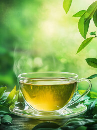 玻璃杯中热气腾腾的清新绿茶